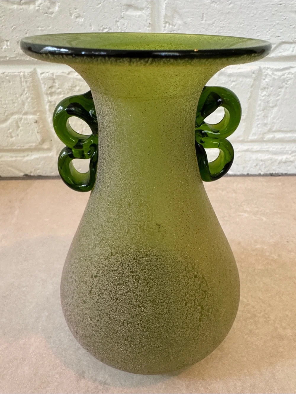 Green Art Glass Textured w/ Applied Handles Vase 5.75